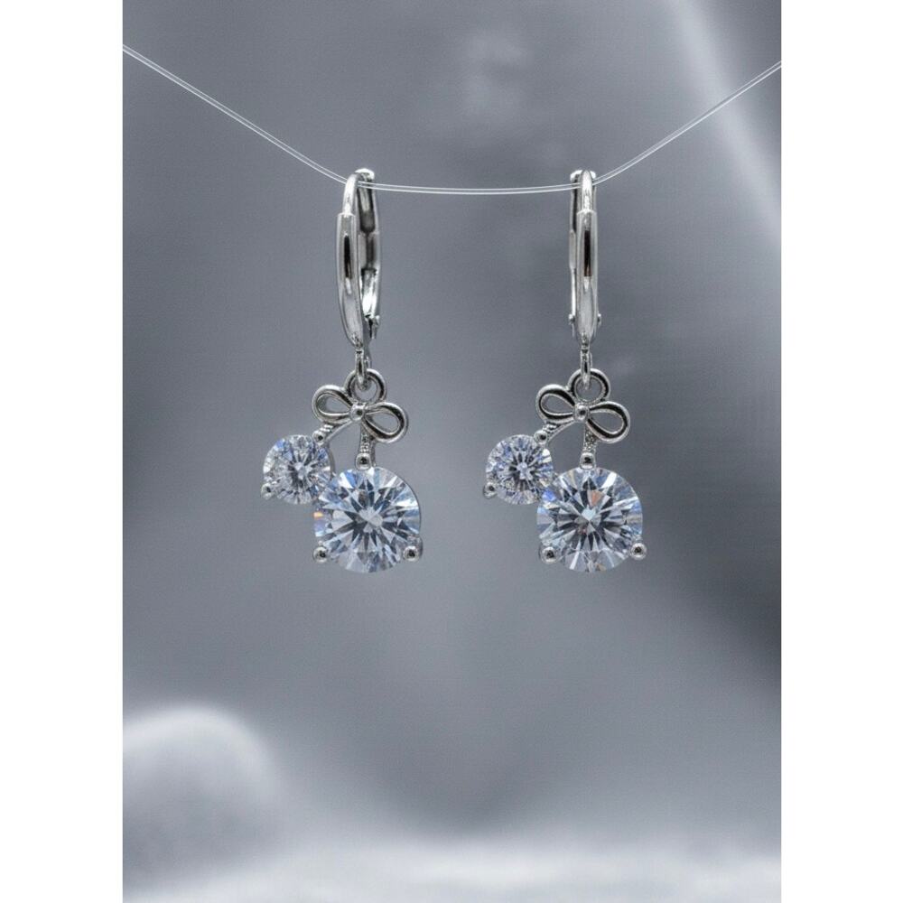 925 Stamped Silver Plated Crystal Cherry Bow Drop Earrings